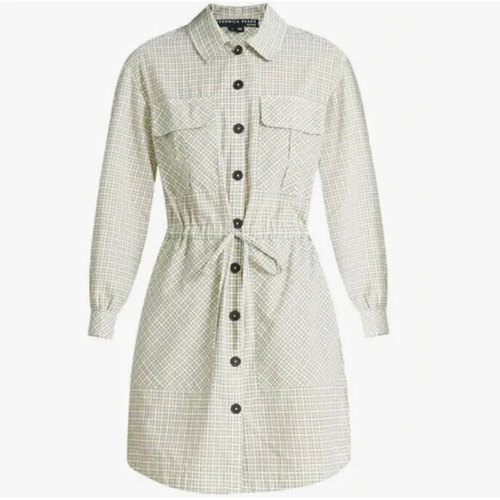 Veronica Beard Light Green Plaid Drawstring Shirt Dress